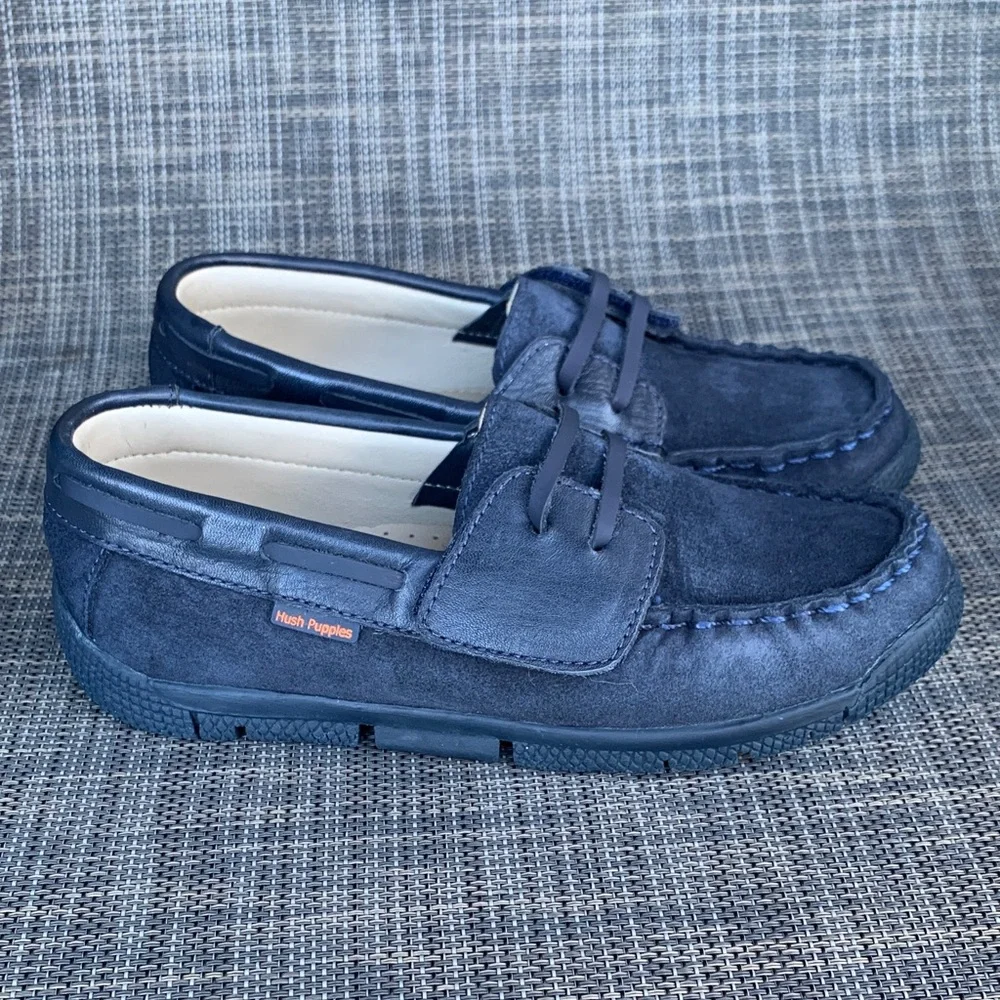 Hush Puppies Kids Navy blue suede loafers Slip on Moccasins size 12